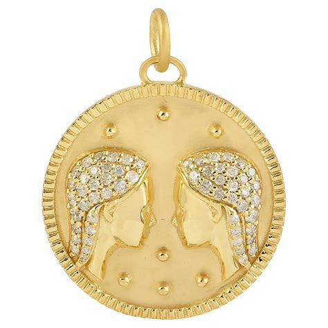 14kt Yellow Gold Designer Gemini Zodiac Charm Pendant With Natural Pave