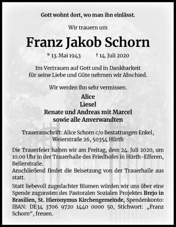 Traueranzeigen Von Franz Jakob Schorn WirTrauern