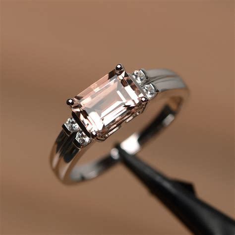 Natural Morganite Ring Emerald Cut Pink Gemstone Ring White Gold