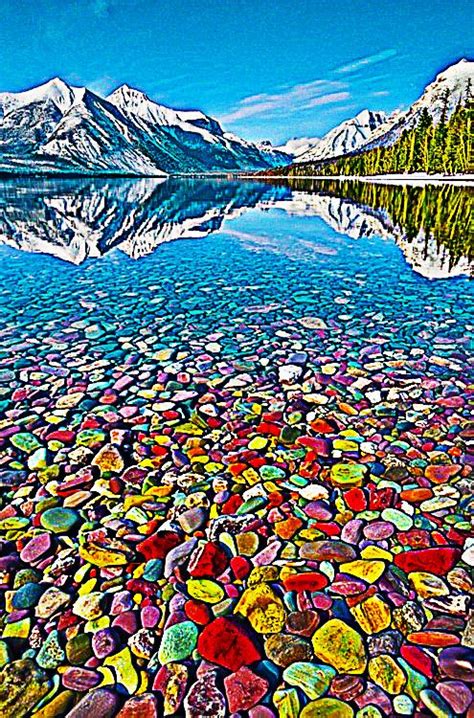 Colorful Pebble Shore Lake In Glacier National Park Montana Pics Pebble Shore Lake Pebble Beach