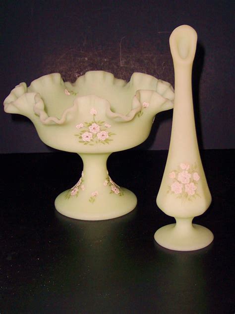 Vintage Hand Painted Fenton Custard Glass 2 Pc Compote