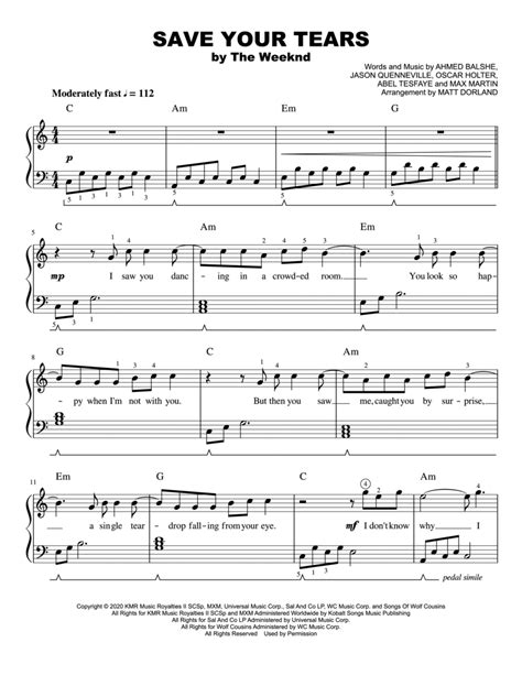 Save Your Tears Arr Matt Dorland By The Weeknd Sheet Music For Easy