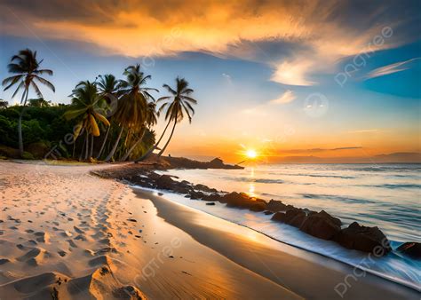 Sunset On A Sea Shore With Palm Trees And Blue Sky Background