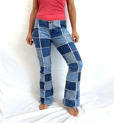 Vintage 90s Y2K Low Waist Patchwork Raver Rave Denim Flare Flared Jeans