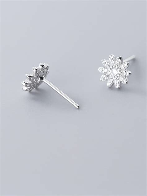 Sterling Silver Cubic Zirconia Flower Minimalist Stud Earring