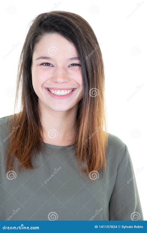 Young Cheerful Happy Girl Smiling Laughing Looking At Camera Over White