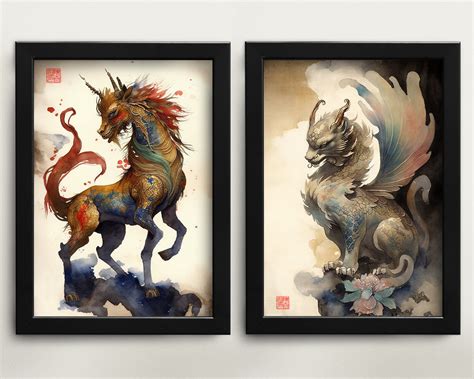 Printable Chinese Mythology Set of Four Watercolor Paintings Dragon ...