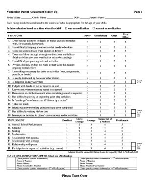 Fillable Online Vanderbilt Parent Follow Up Assessment Pediatric Care