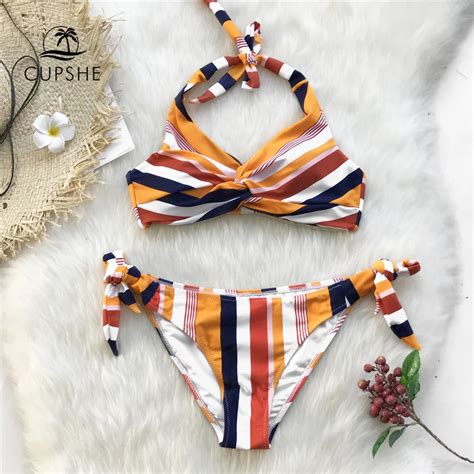 Buy Cupshe Navy And Orange Striped Twist Halter Bikini