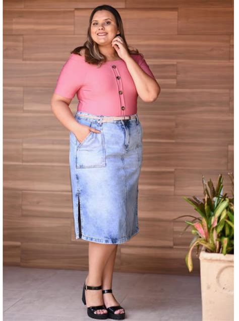 Saia Midi Plus Size Azul Claro Do Ao Moda Plus Size