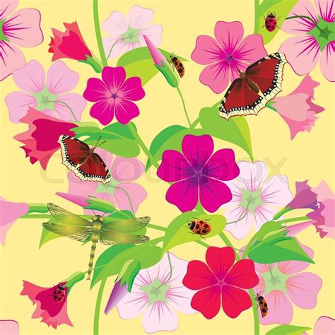 Flower Background With Butterflies And Dragonflies Seamless Stock