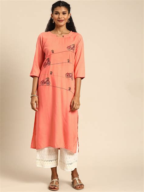 Buy Kalini Floral Embroidered Round Neck Regular Kurta Kurtas For