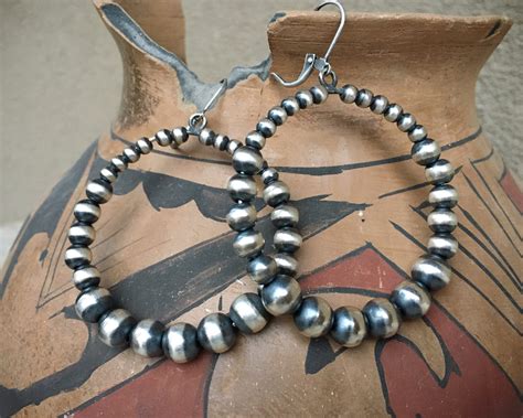 2 Navajo Pearl Sterling Silver Bead Hoop Earrings For Women Native