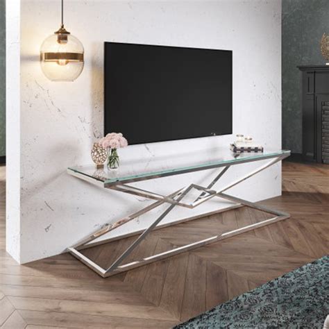 Parma Clear Glass Tv Stand With Silver Stainless Steel Legs Furniture