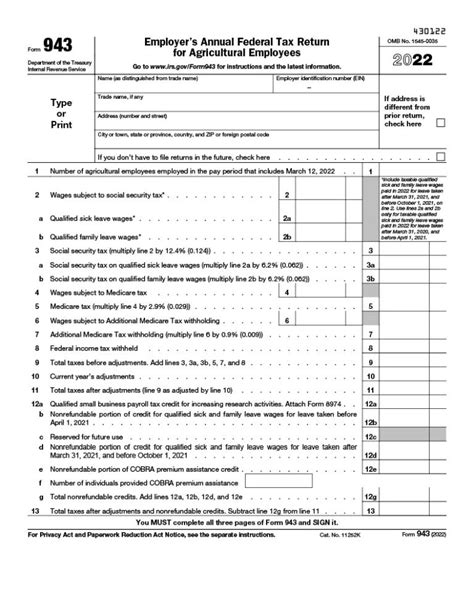 943 Form 2023 Employers Annual Federal Tax Return For Agricultural