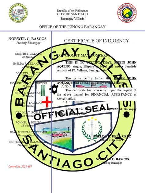 Certificate Of Indigency Office Of The Punong Barangay Pdf Philippines