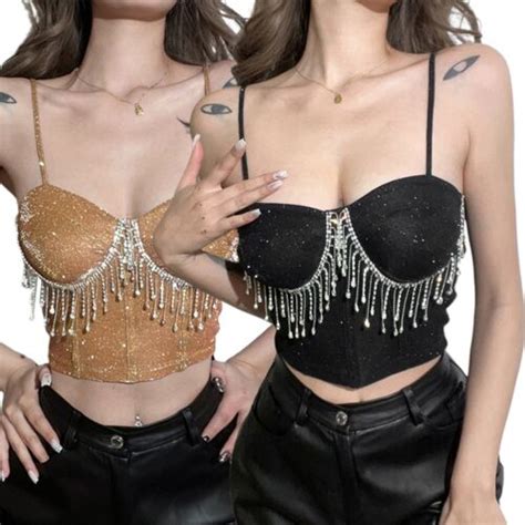 Sexy Deep V Neck Black Bralette Diamond Crystal Tassels Cropped Top For