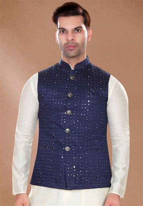 Embroidered Art Silk Nehru Jacket In Navy Blue MHG2372