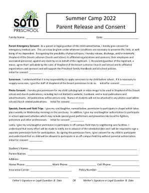 Fillable Online Summer Camp Parental Consent PDF