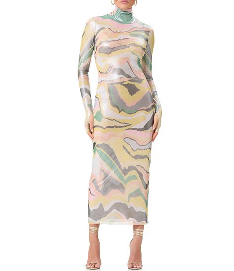 Afrm Shailene Printed Foil Mesh Turtleneck Long Sleeve Midi Dress