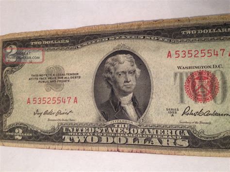 1953 A $2 Dollar Currency Bill Rare Old Money Red Seal