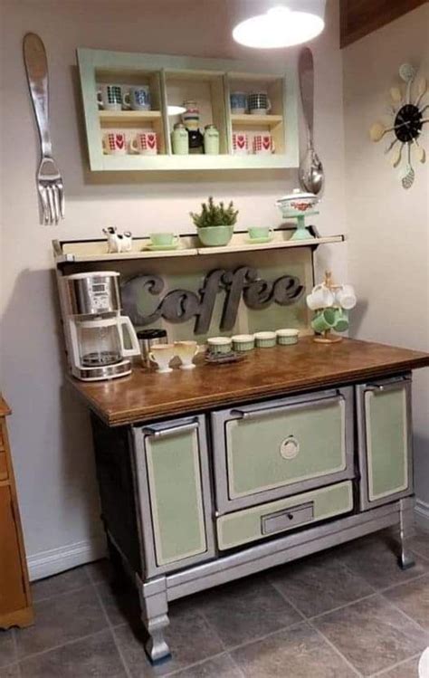 An Old Fashioned Coffee Bar In The Corner Of A Room With Gray Tile Flooring