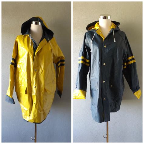 Reversible Stripe Rain Coats Vintage 80s Navy Blue Yellow Etsy