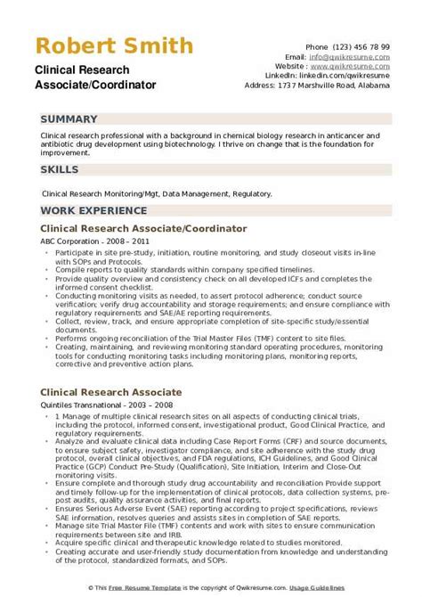 Clinical Research Associate Resume Samples QwikResume