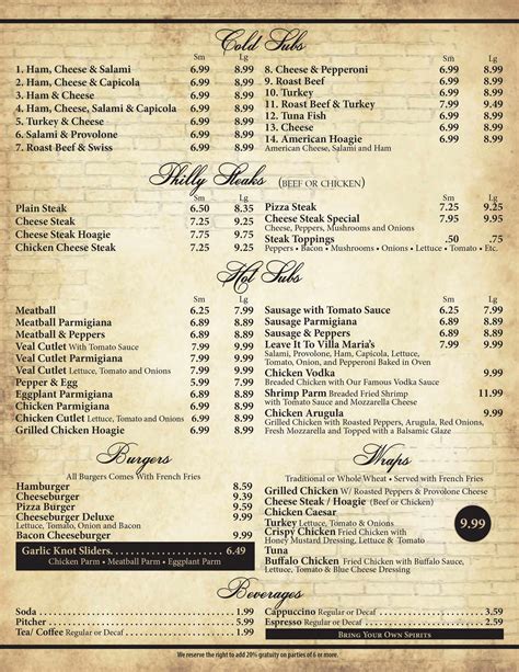 Menu - Villa Maria Restaurant and Pizzeria