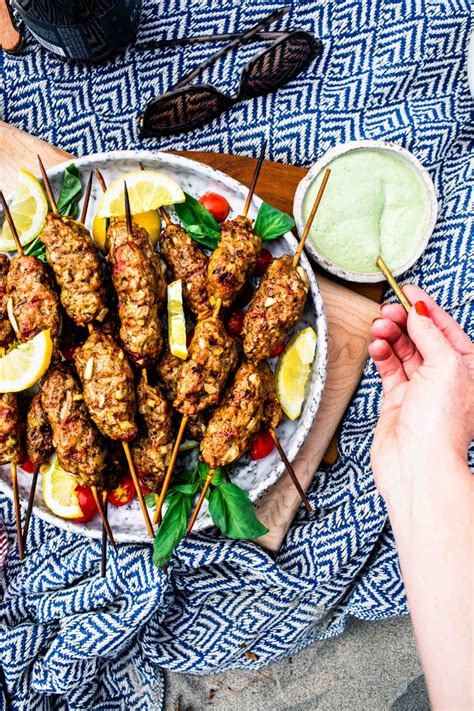 Grilled Lamb Kebabs Made With Ground Lamb Are Served With Basil