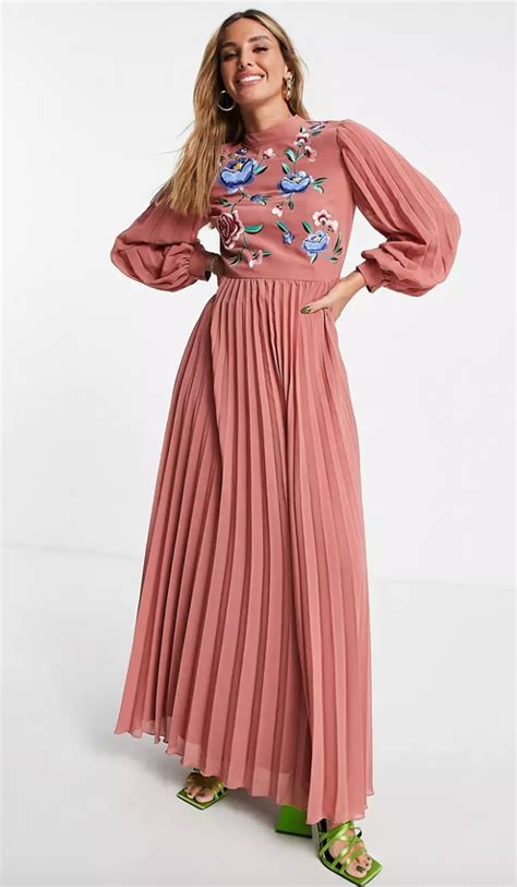 Asos Design High Neck Pleated Long Sleeve Skater Maxi Dress