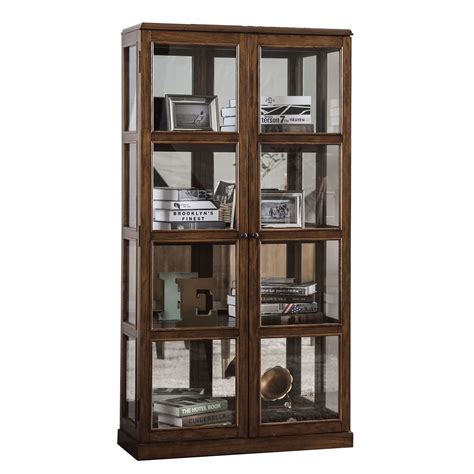 Transitional Wooden Curio Cabinet With Two Glass Doors And Four Shelves Oak Brown