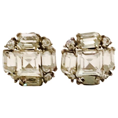 1940s Bogoff Sterlingand Austrian Crystal Clear Emerald Cut Rhinestone Earrings For Sale At