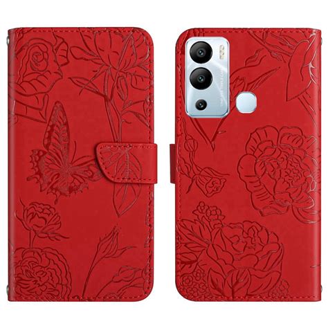 For Infinix Hot 12i HT03 Skin Feel Butterfly Embossed Flip Leather Phone Case Red Alexnld