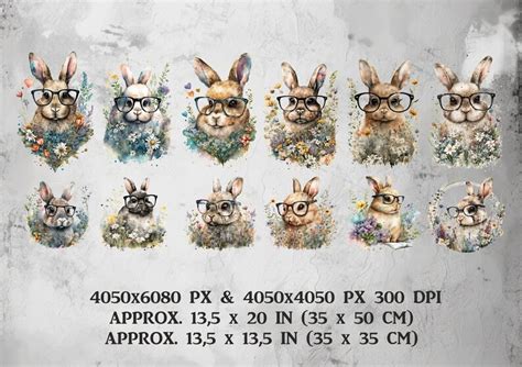 Watercolor Cute Bunnies In Glasses Pack 24 Watercolour Tiny Rabbits Png Digital Clip Art