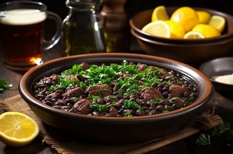 Comida tradicional brasileña llamada feijoada jugoso guiso de frijoles