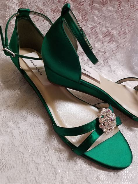 Green Shoes Low Wedge 1 Inch Heel Crystals Wedding Short Heel Prom