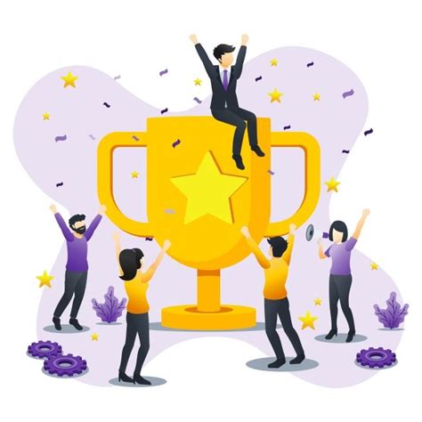 Business Team Success Concept People Celebrating Success With Giant Trophy