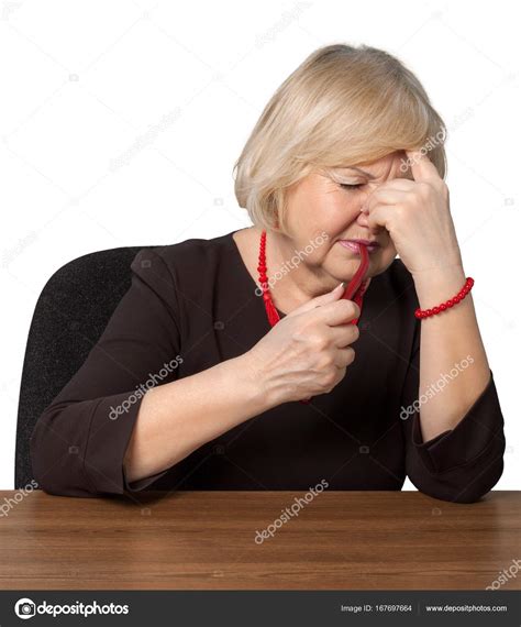 Pensive Mature Woman Isolated White Background Stock Photo
