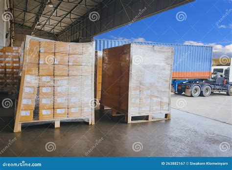 Packaging Boxes Wrapped Plastic Stacked On Pallets Loading Into Cargo