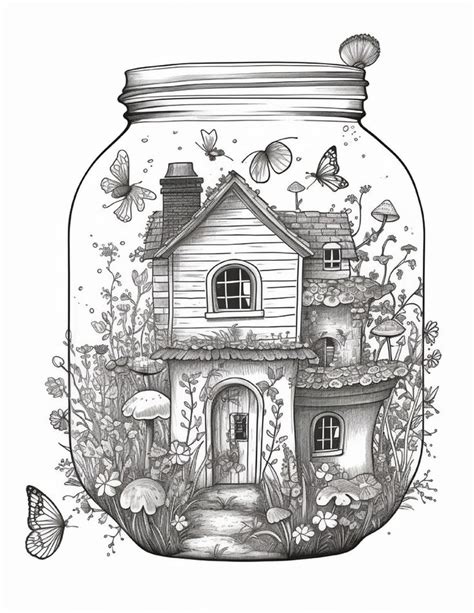 50 Printable Fairy Houses In Jar Coloring Pages For Adults Grayscale