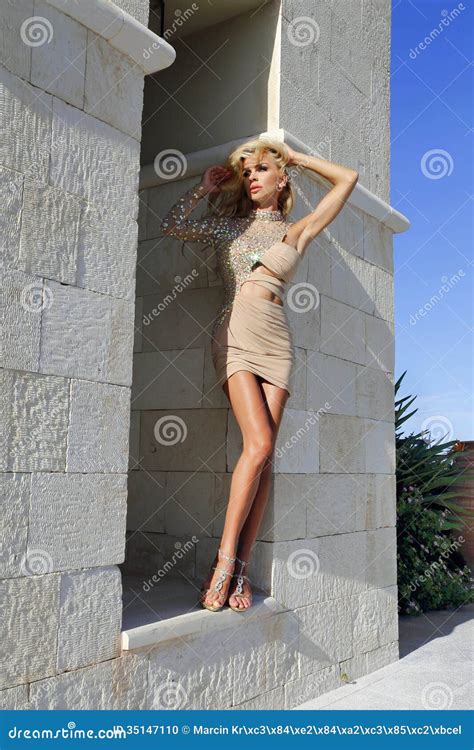 Schöne Blonde Frau Mit Den Langen Beinen Im Fleischigen Kristallkleid Stockfoto Bild von