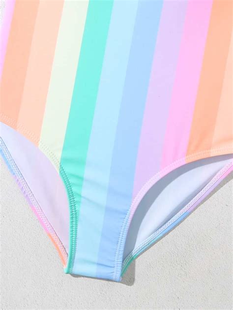 Tween Girl Rainbow Striped Ruffle Trim One Piece Swimsuit Shein Usa