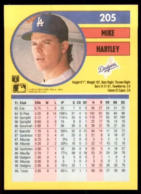 1991 CARTES DE Baseball Fleer Mike Hartley 205 EUR 2 16 PicClick FR