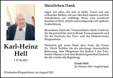 Traueranzeigen Von Karl Heinz Hell Vrm Trauerde