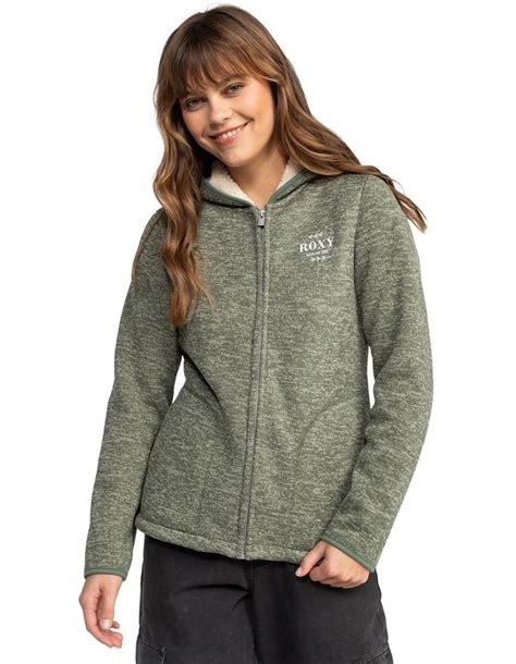 Roxy Petal Fever Polar Fleece Zip Up Hoodie In Agave Green Heather Myer