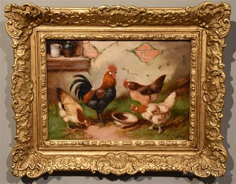 Antiques Atlas Oil Painting By E S England Cockerel And Hens