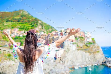 Back View Of Happy Girl Background Beautiful View Of Manarola Cinque