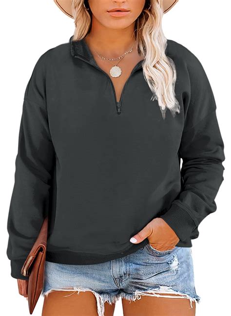 Eytino Womens Plus Size Quarter Zip Sweatshirts Casual Long Sleeve Lapel Solid Color Pullovers