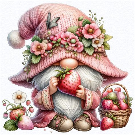 A Painting Of A Gnome Holding A Strawberry In His Hand And Wearing A